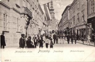 Pozsony, Pressburg, Bratislava; Mihálykapu utca, magyar zászló, Schwarz Testvérek üzlete / Michaelerthorgasse / street view with Hungarian flag and shops (EB)