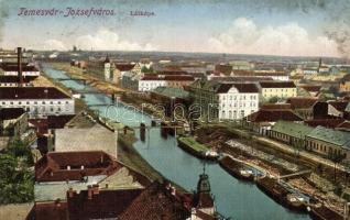 Temesvár, Timisoara; látkép, folyóval és uszályokkal, gyárépületek / general view with river and barges, industrial buildings (vágott / cut)