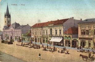 Torda, Turda; Fő tér, piac, Szilágyi, Botár Imre, Kovrig János, Amirás Géza és Sípos Gábor üzletei. W.L. Bp. 7010. / square, market, shops (Rb)