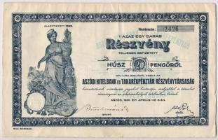 Aszód 1930. Aszódi Hitelbank és Takarékpénztár Részvénytársaság részvénye 20P-ről, szárazpecséttel és szelvényekkel T:III