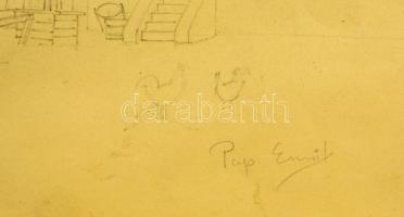 Pap jelzéssel: Gémeskút az udvarban. Ceruza, papír, üvegezett keretben, 24×33 cm