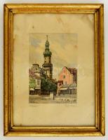 Olvashatatlan jelzéssel: Sopron, Előkapu. Akvarellel színezett rézkarc, papír, foltos, üvegezett keretben, 13x8,5 cm