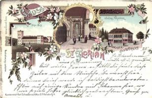1898 (Vorläufer) Sankt Florian, Zillys Burg, Stiegen Haus, Schloss Hohenbrunn / castles and villa. Kunstanstalt Karl Schwidernoch No. 3206. floral, Art Nouveau, litho (EK)