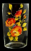 Kézzel festett üveg váza, apró csorbával, jelzés nélkül, m: 28,5 cm