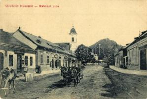 Huszt, Chust; Rákóczi utca, templom, Szenderovics Bernát üzlete. W.L. (?) 1922. / street view with church and shop (fl)