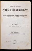 Ausztriai általános polgári törvénykönyv és az ezen törvénykönyvre vonatkozó, a függelékben foglalt utólagos rendeletekkel együtt. I. kötet. I-III. rész. Függelék az általános polgári törvénykönyvhöz Magyar-, Horvát-, Tótország, a Szerbvajdaság és a temesi bánság számára. Második hiteles kiadás. Pest, 1870. Lampel. 373 l.; 45 l. 194 l. 94 l. Korabeli sérült, dombornyomott egészvászon kötésben.