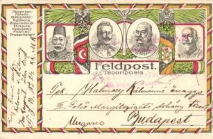 1916 Első világháborús tábori posta képeslap, a központi hatalmak uralkodóival; V. Mehmed, II. Vilmos, Ferenc József, I. Ferdinánd / WWI K.u.K. military field post, Central Powers propaganda: Mehmed V, Wilhelm II, Franz Joseph, Ferdinand I of Bulgaria; Feldpostkarte (EK)