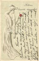 Kellemes Húsvéti Ünnepeket! / Easter greeting card, lady holding an apple. Art Nouveau Emb. Erika Nr. 3112. (EK)