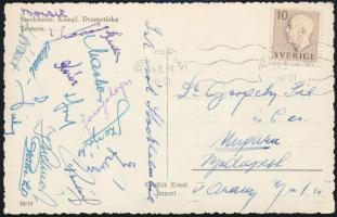 1954 A Honvéd labdarúgócsapatának tagjai, egyben Aranycsapat labdarúgók (Puskás, Lóránt, Kocsis, Bozsik, stb.) aláírásai Svédországból, meccsről küldött levelezőlapon / Autograph signed postcard of Honved football team including Golden Team members
