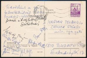1975 Sütő András író és mások aláírásai Marosvásárhelyről Sándor György, a Magyar Televízió művészeti igazgatójának küldött levelezőlapon
