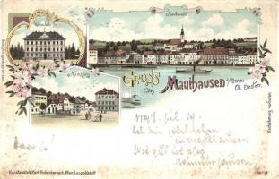 1898 Mauthausen, Volksschule, Marktplatz / school, market square. Kunstanstalt Karl Schwidernoch No. 2380. Art Nouveau, floral, litho (EK)