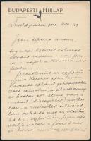 1900 Rákosi Jenő (1842- 1929) író, lapszerkesztő kézzel írt levele irodalmi módszertani témában, aláírásával, Budapesti Hírlap fejléces papíron