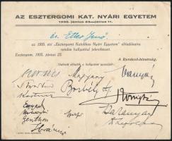 1935 Kornis Gyula, Szandtner Pál, Koltay-Kastner Jenő és mások aláírásai Etter Jenő (1897-1973) későbbi esztergomi polgármester esztergomi katolikus nyári egyetemi igazolásán