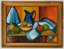 Kmetty jelzéssel: Asztali csendélet. Olaj, karton, apró lyukakkal, üvegezett kereteben, 32×42 cm