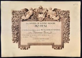 1938 Pro Ecclesia et Pontifice kitüntetés adományozó oklevél Pacelli bíboros, a későbbi XII. Pius pápa saját kezű aláírásával