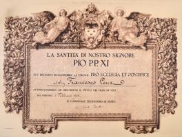 1938 "Pro Ecclesia et Pontifice" kitüntetés adományozó oklevél Pacelli bíboros, a későbbi ...