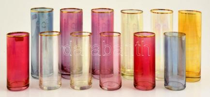 Retró színes üvegpoharak, 12 db, kis kopásnyomokkal, m: 12 és 16 cm