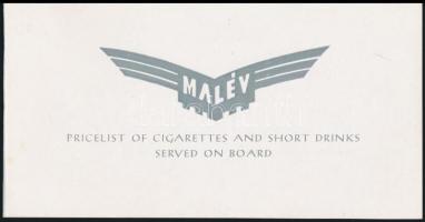 cca 1970 a Malév angol nyelvű cigaretta- és italár-jegyzéke