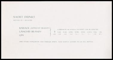 cca 1970 a Malév angol nyelvű cigaretta- és italár-jegyzéke
