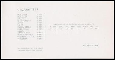 cca 1970 a Malév angol nyelvű cigaretta- és italár-jegyzéke