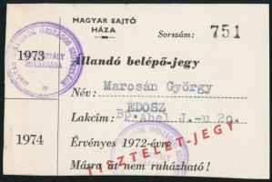 1972 Marosán György politikus állandó belépőjegye (tiszteletjegy) a Magyar Sajtó Házába