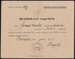 1921 Beköltözési engedély óvónő részére