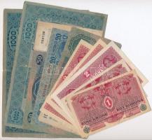 1902-1917. 10db-os korona bankjegy tétel, 1-2-10-20-50-1000K címletek, közte két darab hajtatlan 2K-ás bankjegy T:vegyes