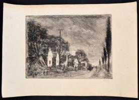 Élesdy István (1912-1987): Utca a faluszélen. Rézkarc, papír, jelzett, 29x39 cm