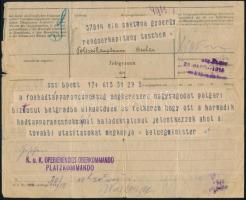 1915 Belügyminiszteri távirat Smetana György tescheni rendőrkapitány részére, belgrádi polgári biztosi kinevezéséről + Smetana névjegykártyája a belgrádi kerületi parancsnokság bélyegzőjével