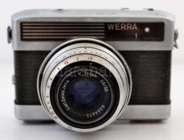 Werra 1 fényképezőgép Carl Zeiss Jena Tessar 2,8/50 objektívvel, eredeti bőr tokjában, kopottas, de működőképes állapotban
