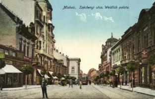 Miskolc, Széchenyi utca, Weidlich palota, villamos, üzletek. Grünwald Ignác kiadása (EK)