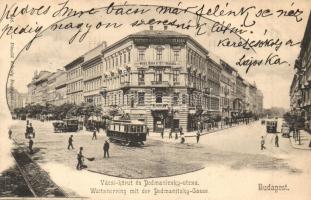 Budapest VI. Váci körút és Podmaniczky utca, Teutsch B. József erdélyi borai, Weiss és Társa Betéti Társaság, villamosok, utcaseprő, csendőr. Divald Károly 246. sz. (EK)