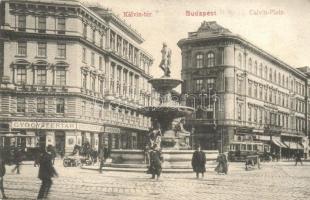 Budapest IX. Kálvin tér, gyógyszertár, villamos, üzletek. M. T. és F. I. Koch és Pór kiadása (EK)