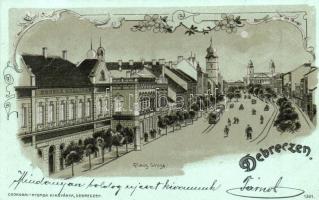 1902 Debrecen, Piac utca, Rohner szálloda, városi vasút, kisvasút, vonat este. Csokonai Nyomda kiadványa, Art Nouveau floral litho (EB)