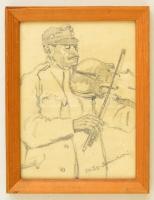 Prohászka jelzéssel: Hegedülő katona. Ceruza, papír, üvegezett keretben, 19×15 cm