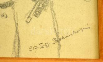 Prohászka jelzéssel: Hegedülő katona. Ceruza, papír, üvegezett keretben, 19×15 cm