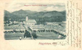 1899 Nagybánya, Baia Mare; Fő tér északi oldala, templom, üzletek / north side of the main square, church, shops (EK)