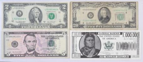 Amerikai Egyesült Államok 1950-2006. 1$-20$ (4xklf) + 1840. 1000$ másolat + 1999. 1.000.000$ fantázia bankjegy T:I-III- USA 1950-2006. 1 Dollar - 20 Dollars (4xdiff) + 1840. 1000 Dollars copy + 1999. 1.000.000 Dollars fantasy banknote C:UNC-VG