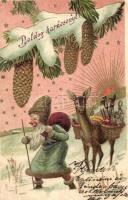 Boldog Karácsonyt! / Christmas greeting card, Saint Nicholas with deer and gifts. Emb. litho (EM)