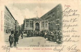 1899 Fiume, Pesceria e Mercatti / Fischmarkt und Markthalle / halpiac és vásárcsarnok, árusok / fish market and market place, vendors (Rb)