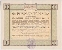 Csanytelek 1910. Csanyteleki Római Katholikus Egylet részvénye 1K értékben, bélygzéssel T:II,II-
