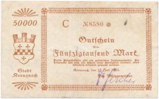 Németország / Weimari Köztársaság / Kreuznach 1923. 50.000M szükségpénz vízjeles papíron T:III Germany / Weimar Republic / Kreuznach 1923. 50.000 Mark necessity note on watermarked paper C:F
