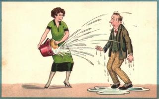 2 db régi humoros litho képeslap, házaspár humor / 2 pre-1945 humorous postcards, husband-wife humor, litho (HWB Ser. 3007. & 3575.)