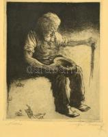 Rimaszéky-Richter Aladár (1898-?): Koldus. Rézkarc, papír, jelzett, üvegezett keretben, 28×22 cm