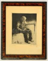 Rimaszéky-Richter Aladár (1898-?): Koldus. Rézkarc, papír, jelzett, üvegezett keretben, 28×22 cm