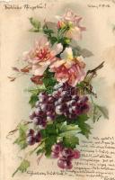 Flowers and grapes greeting card. Künstler-Postkarten Serie 38. litho (EK)
