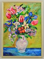 Schéner Mihály (1923-2009): Virágcsendélet. Olaj, farost, jelzett, keretben, 70×50 cm