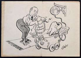Gömöri Imre (1902-1969): Apuci kedvence, humoros fogászati karikatúra, tus, papír, hajtásnyomokkal, 18×25,5 cm