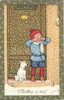 Boldog Újévet! / New Year greeting card, boy and dog. Meissner & Buch Künstler-Postkarten Serie 2316. (EB)
