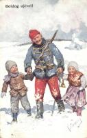 Boldog Újévet! / WWI K.u.K. New Year greeting card with soldier and children in the snow s: K. Feiertag + K.u.K. Inf. Regt. 6. Feldkompagnie (EK)